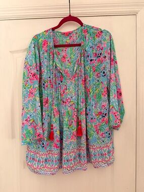 Lilly Pulitzer Aqua & Pink Floral Tassel Tunic